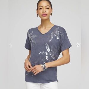 Chico’s Linen Sequin Floral Top Slate V-Neck Size 1 (M)